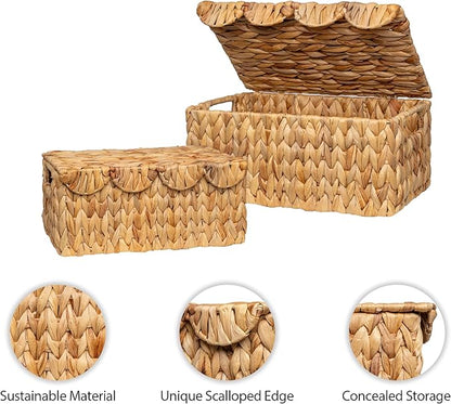 StorageWorks Wicker Basket with Scalloped Edge Lid, Handwoven Water Hyacinth Baskets for Bedroom, Living Room, 13" L x 9 ½" W x 6" H