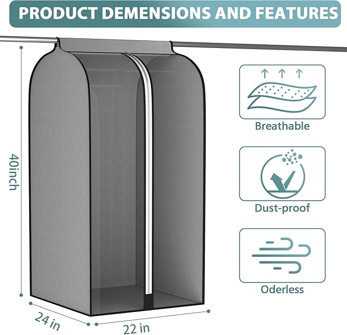Liuoud 22” Gusseted Garment Bags for Hanging Clothes, Large Clear Window Clothes Cover for Closet Storage, Wardrobe Coat Protector for Suit, Shirt Dress, Bottom Enclosed, 2 Pack, 40” Long