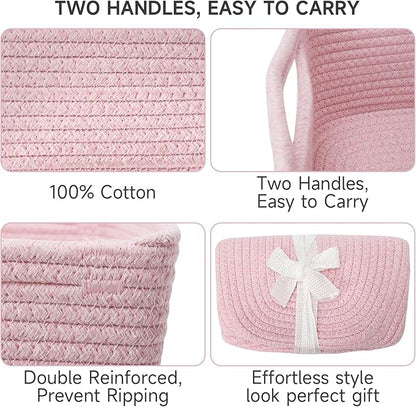 3-Pack Storage Baskets for Organizing | Woven Shelf Toy Basket | Rope Baskets for Gifts Empty | Closet Organizer Bins with Handles | Cube Decorative Box | 13.7×7.1×6.7” | Mixed Pink