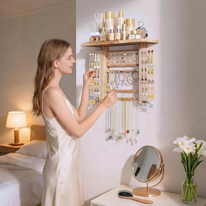 Emfogo Jewelry Organizer Hanging Wall Mounted Jewelry Holder, 5-in-1 Large Capacity Necklace Organizer Display for Ring, Necklaces, Bracelets, Earrings (Rustic Wood)