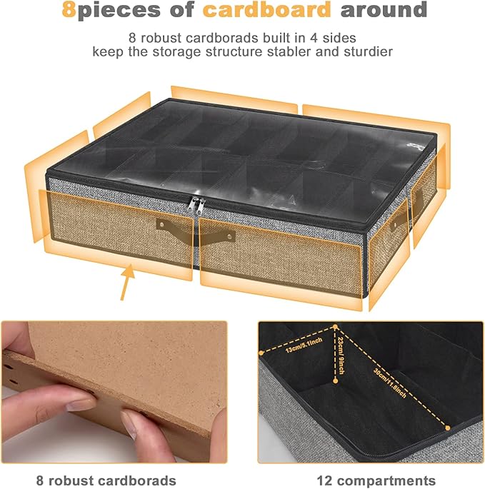homyfort Under Bed Shoe Storage Organizer for Closet Fits 24 Pairs-Sturdy Underbed Shoe Storage Box Bins,Set of 2 (Linen-like Black)