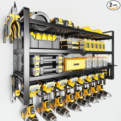 Hipidian Power Tool Organizer Wall Mount - Storage Rack with 4 Drill Holders for Drills Cordless Tools. Heavy Duty Iron Garage Tool Organizer Storage for Workshop Shed (8 Slots 4 Layers)