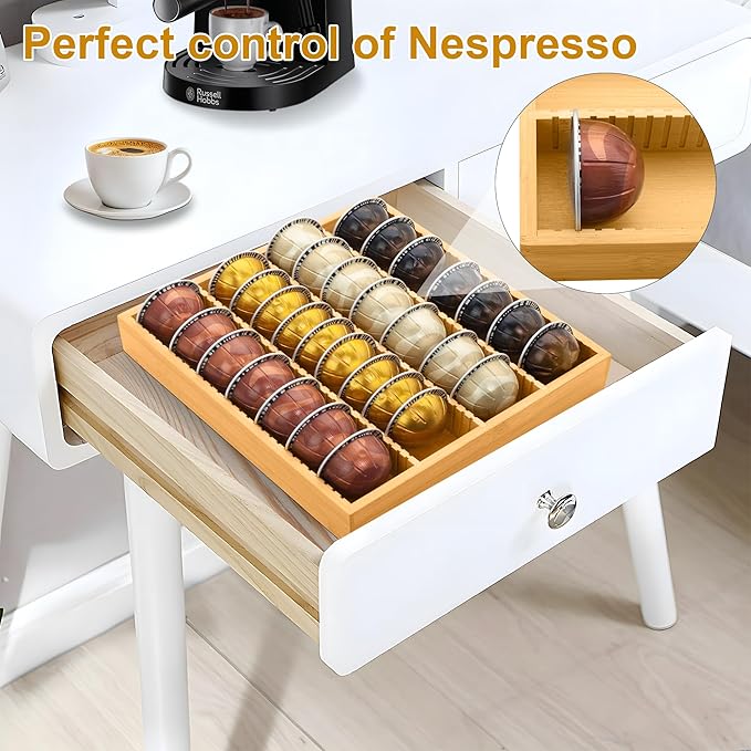 MinBoo Bamboo Coffee Pod Storage Holder Drawer Insert for Counter Compatible with Vertuoline Capsules for Kitchen, Home, Office, Coffee Station,Small
