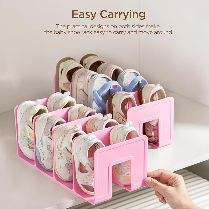HBlife Pink Acrylic Kids Shoe Rack for Closet Organizers and Storage, Small Shoe Rack 4 Sections Toddler Baby Shoe Storage Organizer Stackable Shoe Shelf,Desk File Sorter Book Purse Organizer(2 Pack)