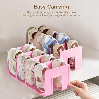 HBlife Pink Acrylic Kids Shoe Rack for Closet Organizers and Storage, Small Shoe Rack 4 Sections Toddler Baby Shoe Storage Organizer Stackable Shoe Shelf,Desk File Sorter Book Purse Organizer(2 Pack)