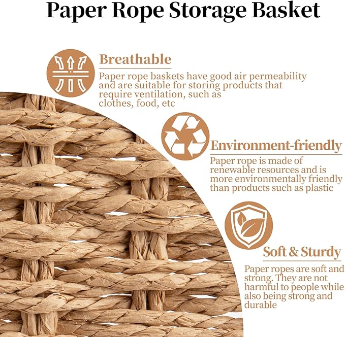 OIAHOMY Wicker Baskets for Organizing, Large and Small Shelf Baskets Set, Handwoven Bins for Storage,Paper Rope Home Organizers, Set of 3-Yellow