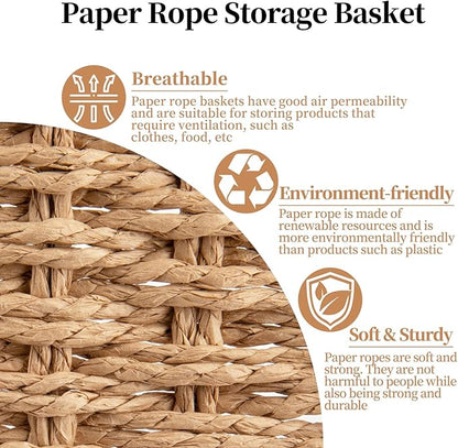 OIAHOMY Wicker Baskets for Organizing, Large and Small Shelf Baskets Set, Handwoven Bins for Storage,Paper Rope Home Organizers, Set of 3-Yellow