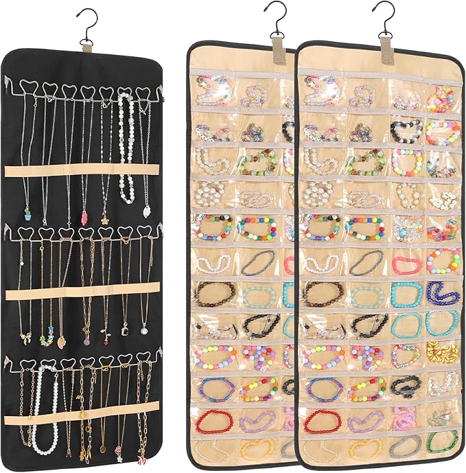 2 Pack Double Sided Hanging Jewelry Organizer for Closet with 48 Pockets & 30 Necklace Hooks, Premium Hanging Jewelry Storage for Earrings, Rings, Bracelets Display (Black)