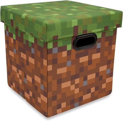 Minecraft Grassy Block 13-Inch Storage Bin Chest with Lid | Foldable Fabric Basket Container, Cube Organizer with Handles, Cubby for Shelves, Closet | Home Decor Essentials, Video Game Gifts