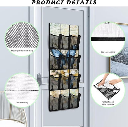 Retro Butterfly Over The Door/Wall Shoe Organizers,Space Saving Hanging Storage Holder,Hanging Shoe Organizer with 12 Mesh Large Pockets,Closet Rack for Home Bedroom Bathroom