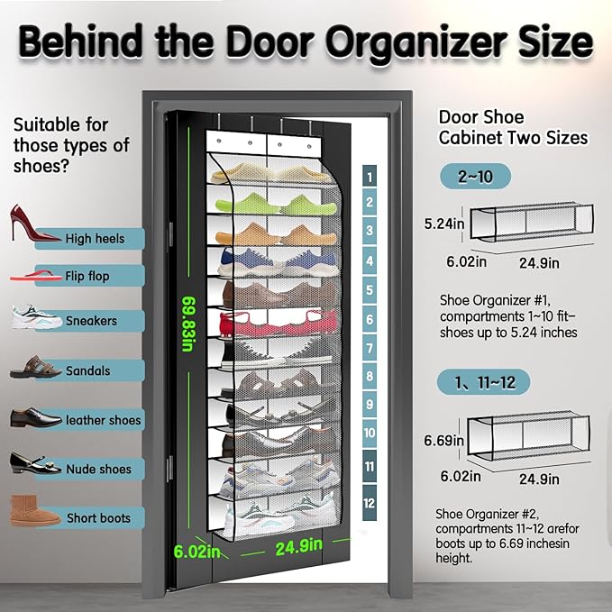 Kotkn Over The Door Shoe Organizer with 12 Large Breathable Pockets - Durable Hanging Storage for the Entire Family's Shoes (White)