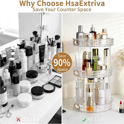 360 Rotating Makeup Organizer for Vanity, 3 Tier Diamond Pattern Perfume Organizer, 10.7" Large Capacity Lotion Skincare Organizer, Perfume Stand, Bathroom Countertop Organizer, Clear