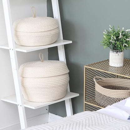 Sea Team Round Cotton Rope Storage Basket with Lid, Decorative Woven Storage Bin, Pot, Caddy, Organizer, Container for Snacks, Towels, Plants, 13 x 9 Inches (Large, Cream)