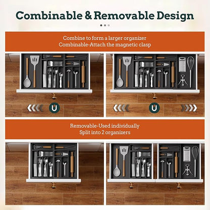 Silverware Organizer Large, Magnetic Connected Expandable 13 Slots Silverware Drawer Organizer From 21 to 37.4 Inches, Adjustable Flatware and Cutlery Holder, Bamboo Utensil Tray for Kitchen Black