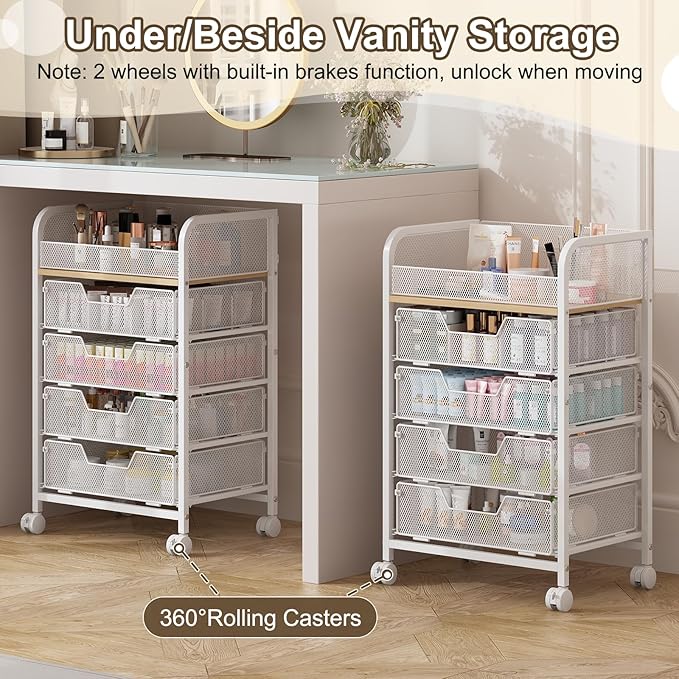 Hongtamoya Makeup Cart Organizer with 4 Drawers, Large Floor Skincare Organizers, Vanity Storage Organizer Cosmetics Display Cases for Skin Care Perfume Nail Polish, White
