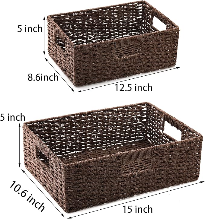 TOPZEA 2 Pack Brown Wicker Storage Basket for Shelves, Hand Woven Paper Rope Shelf Basket, Pantry Organization Baskets with Handle, Decorative Closet Organizer Bins for Kitchen, Bathroom, Coffee Bar