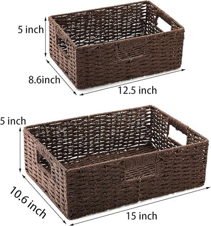 TOPZEA 2 Pack Brown Wicker Storage Basket for Shelves, Hand Woven Paper Rope Shelf Basket, Pantry Organization Baskets with Handle, Decorative Closet Organizer Bins for Kitchen, Bathroom, Coffee Bar