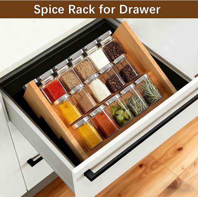Bamboo Spice Rack for Cabinet, 3 Tier Spice Riser Shelf, 2 Pack Spices Stand for Pantry