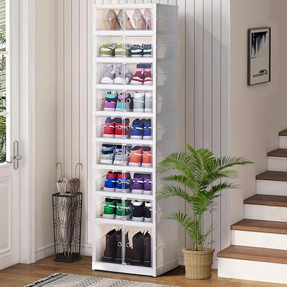 Shoe Box Foldable Storage Box Easy Assembly Collapsible Shoes Rack Clear Shoe Storage Cabinet Shoe Organizer Shoe Container Box with Lids Large Size Shoe Rack (9 layers clear door)