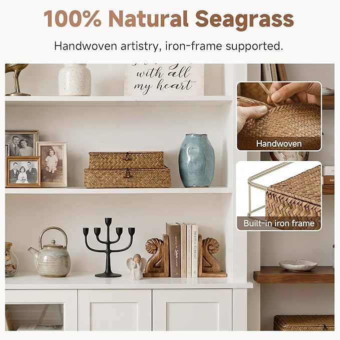 StorageWorks Wicker Basket with Lid, Flat Wicker Storage Bins with Lids, Decorative Storage Boxes with Lids, Seagrass Baskets for Organizing, Woven Basket for Shelves