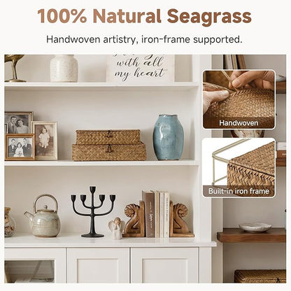 StorageWorks Wicker Basket with Lid, Flat Wicker Storage Bins with Lids, Decorative Storage Boxes with Lids, Seagrass Baskets for Organizing, Woven Basket for Shelves