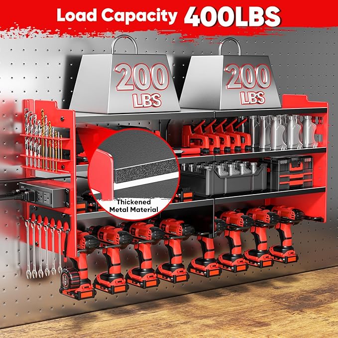 POKIPO Large Power Tool Organizer Wall Mount with Charging Station,4 Layer Heavy Duty Metal Tool Storage Shelf Loads 600lbs,Battery Utility Rack With 4 Outlet Power Strip with 8 Cordless Drill Holder