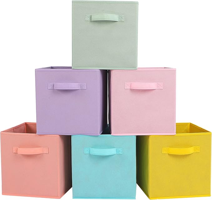 Stero Fabric Storage Bins 6 Pack Fun Colored Durable Storage Cubes with Handles Foldable Cube Baskets for Home, Kids Room, Closet and Toys Organization Cyan, Green, Yellow, Purple, Pink and Peachpuff