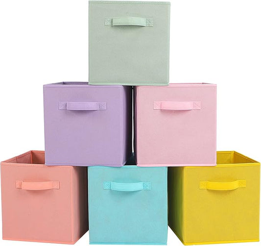 Stero Fabric Storage Bins 6 Pack Fun Colored Durable Storage Cubes with Handles Foldable Cube Baskets for Home, Kids Room, Closet and Toys Organization Cyan, Green, Yellow, Purple, Pink and Peachpuff