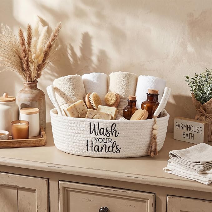 Wash Your Hands Bathroom Decoration Beige Cotton Rope Toilet Basket Toilet Paper Holder Basket Rustic Bathroom Organizer Farmhouse Home Decoration Organizing Small Baskets