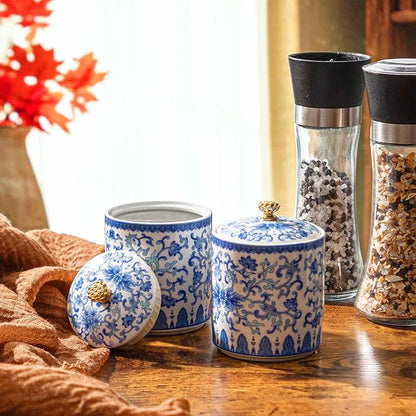 1 Pc Vintage Chinese Ceramic Porcelain Salt Cellar with Lid Ceramic Salt Holder Container for Coffee, Sugar, Spices and Candies, Airtight Spice Jar, Kitchen Storage Dish (Lotus in Vine)