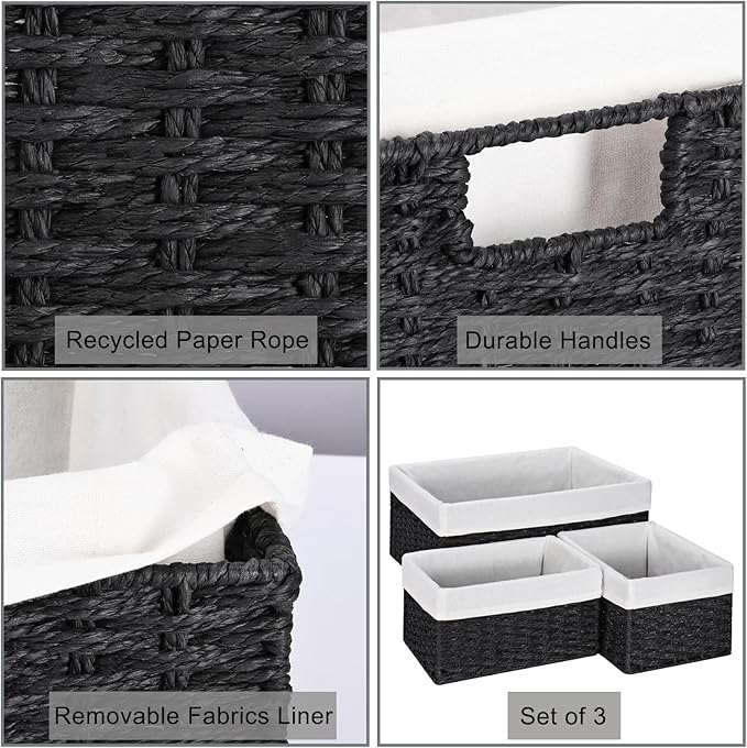 Vagusicc Storage Basket, 3-Pack Woven Paper Rope Wicker Baskets for Storage with Handles, 15 Inches Large Cube Storage Bins Woven Storage Baskets with Liners for Shelves Organizing & Decor, Black