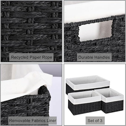 Vagusicc Storage Basket, 3-Pack Woven Paper Rope Wicker Baskets for Storage with Handles, 15 Inches Large Cube Storage Bins Woven Storage Baskets with Liners for Shelves Organizing & Decor, Black