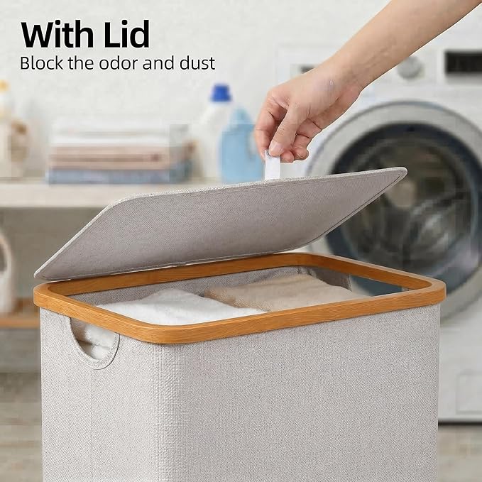 efluky Laundry Basket with Lid and Removable Bag, 100L Tall Laundry Hamper with Bamboo Handles, Aesthetic Dirty Clothes Bin for Laundry Room, Bathroom, Bedroom and Dorm, Light Grey
