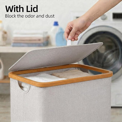 efluky Laundry Basket with Lid and Removable Bag, 100L Tall Laundry Hamper with Bamboo Handles, Aesthetic Dirty Clothes Bin for Laundry Room, Bathroom, Bedroom and Dorm, Light Grey