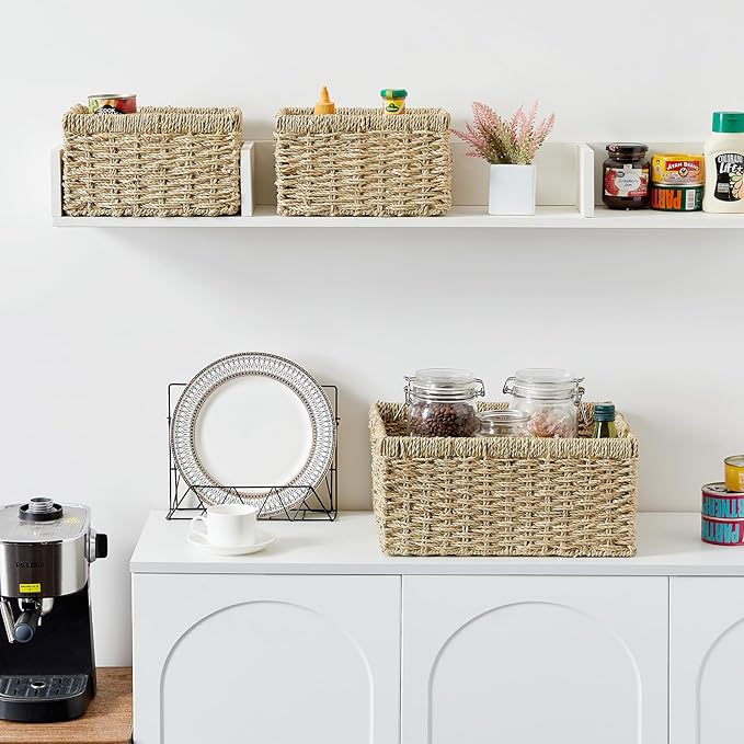 Vagusicc Wicker Basket, Set of 3 Hand-woven Storage Baskets for Organizing, Seagrass Wicker Storage Basket Bins with Handles, Small Toilet Paper Storage Baskets for Shelves Pantry Baskets (Seagrass)