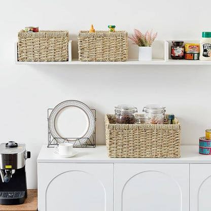 Vagusicc Wicker Basket, Set of 3 Hand-woven Storage Baskets for Organizing, Seagrass Wicker Storage Basket Bins with Handles, Small Toilet Paper Storage Baskets for Shelves Pantry Baskets (Seagrass)