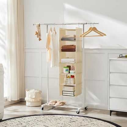 MAX Houser 6 Tier Shelf Hanging Closet Organizer, Cloth Hanging Shelf with 2 Sturdy Hooks for Storage, Foldable (Beige)