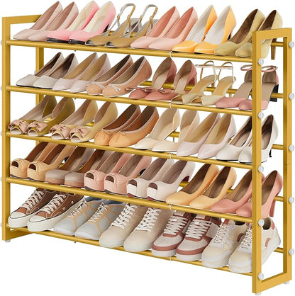 FAVOOSTY 5-Tier Expandable Shoe Rack, Adjustable Shoe Shelf Storage Organizer Space Saving Metal Free Standing Shoe Rack for Entryway Closet Doorway, Silver Grey (Gold, 5 Tier)