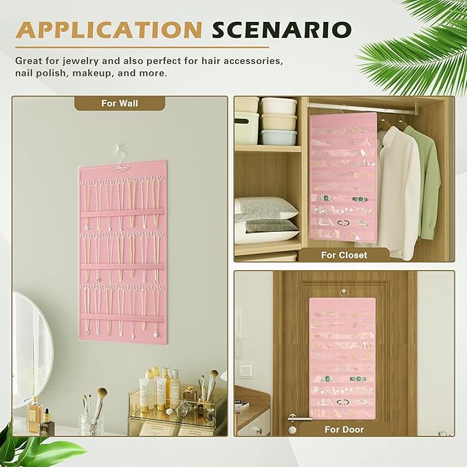 Hanging Jewelry Organizer Storage Roll, Double-Sided Necklaces Holder, 42 Pockets Plus 36 hooks Earrings Organizer Hang in Closet, On Wall, or Doors, Pink