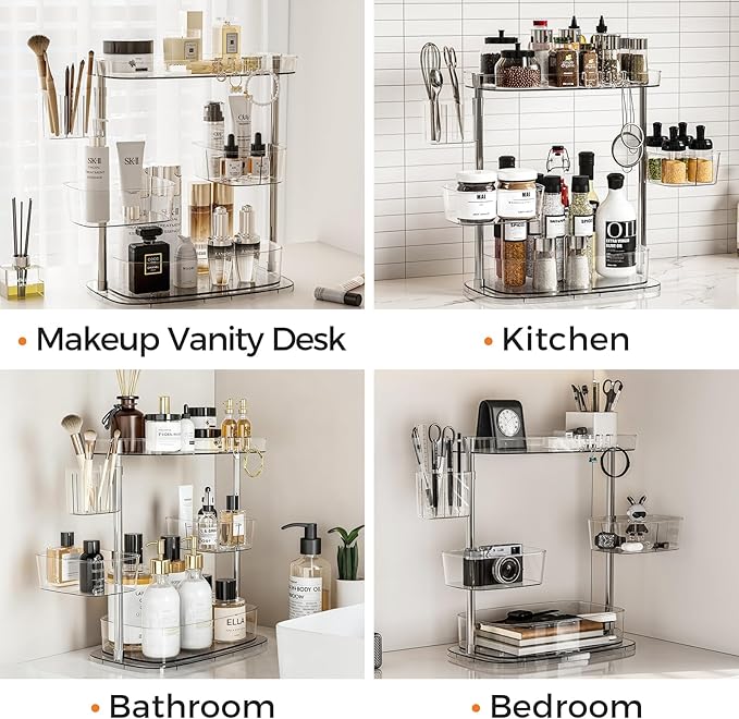Rotating Makeup Vanity Organizer, Bathroom Countertop Cosmetic Skin Care Storage,Cosmetic Display Case with Brush Holder,for Skincare Perfume Cosmetics,Detachable Hanging Trays & Hooks