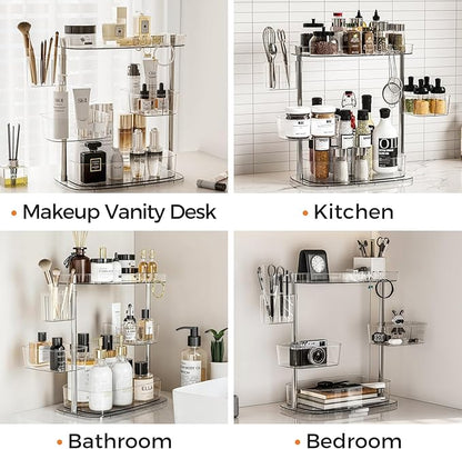 Rotating Makeup Vanity Organizer, Bathroom Countertop Cosmetic Skin Care Storage,Cosmetic Display Case with Brush Holder,for Skincare Perfume Cosmetics,Detachable Hanging Trays & Hooks