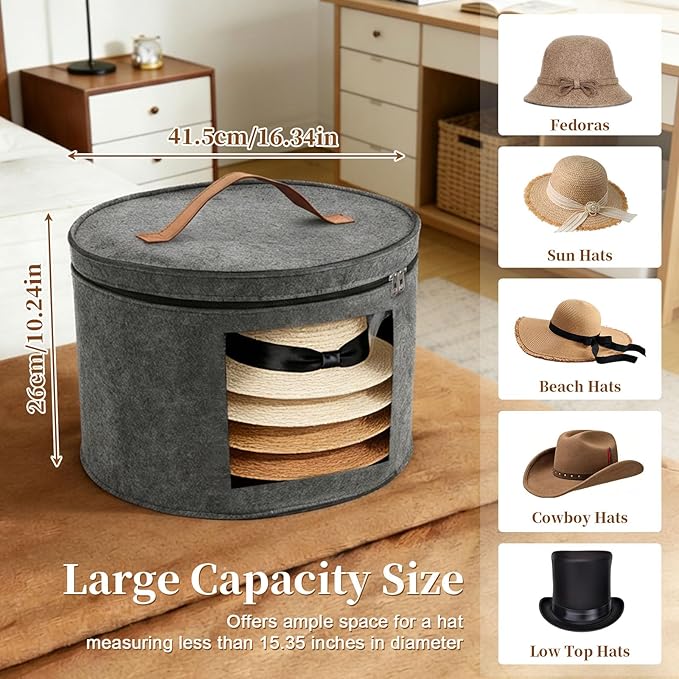 Hat Boxes for Women/Men Storage, 16" D x 10" H, Round Hats Storage Box Container for Closet, Clothes Storage Bin for Stuffed Animal Toy, Foldable Caps Organizer for Travel with Dustproof Lid (Grey)