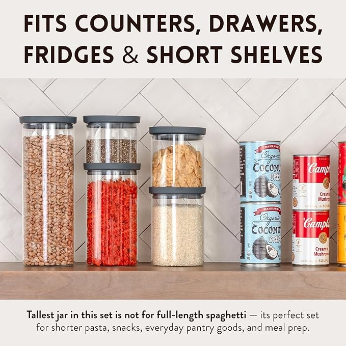 Glass Kitchen Storage Containers with Airtight Silicone Lids, BPA-Free Pantry Glass Jars with Airtight Lid for Pantry Meal Prep, Pasta and Food – Set of 5 with Portion Tool