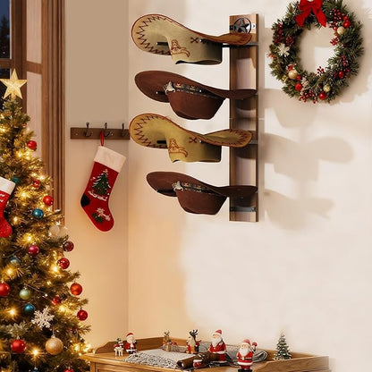 Hat Holder Rustic Wood Star Design – 2-Piece Organizer with Extra Wide Wooden Boards (12cm / 4.72"), 4-Hook Cowboy Hat Rack for Wall, Western Decor, Hat Storage Display Hanger