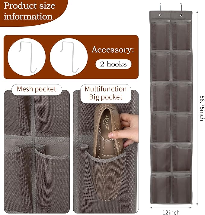 GOMAJI 12 Large Pockets Over The Door Hanging Shoe Organizer, LIGHT BROWN COLOR