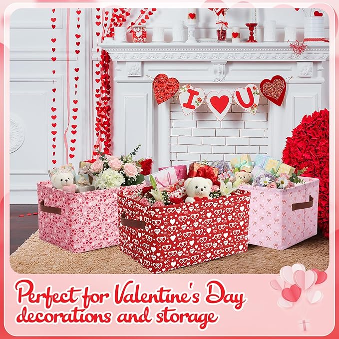 Boao 4 Pack Valentines Day Storage Baskets for Gifts Empty Collapsible Valentines Laundry Storage Bins with Handles Decorative Shelf Baskets Boxes for Home Bedroom Office Clothes Toys Containers