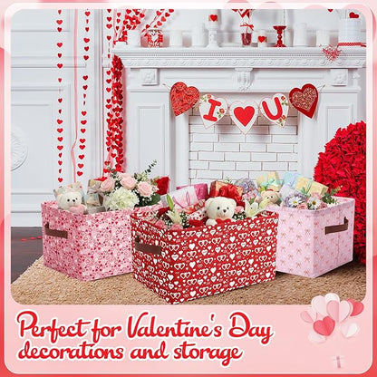 Boao 4 Pack Valentines Day Storage Baskets for Gifts Empty Collapsible Valentines Laundry Storage Bins with Handles Decorative Shelf Baskets Boxes for Home Bedroom Office Clothes Toys Containers