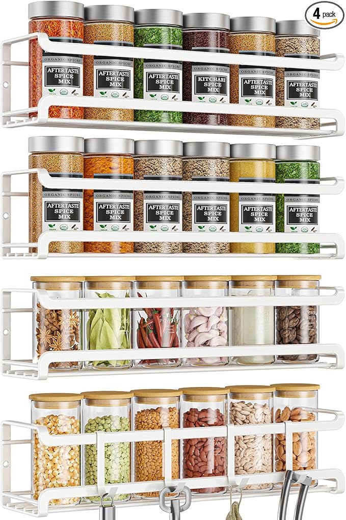 Bunoxea Spice Rack wall mounted 4 Pack, Space-Saving Spice Organizer for Spice Jars and Seasonings,Screw or Adhesive Hanging Spice Rack Organizer for Your Kitchen Cabinet,or Pantry Door,White
