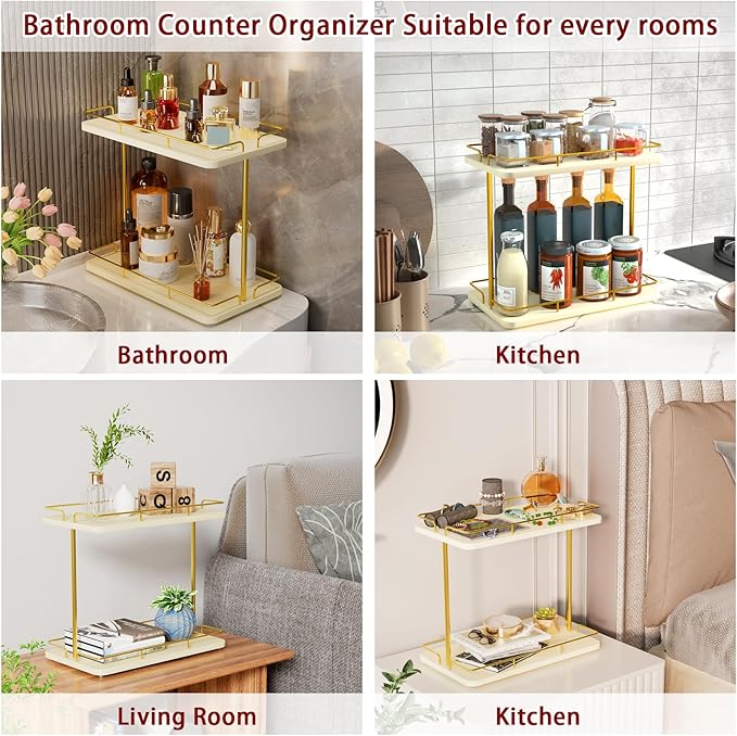 REFGY 2 Tier Bathroom Countertop Organizer, Solid Wood Desktop Storage Shelf with Gold Metal Frame, Versatile Spice Rack & Makeup Organizer for Kitchen, Dresser, Home Essentials