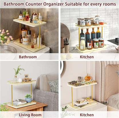 REFGY 2 Tier Bathroom Countertop Organizer, Solid Wood Desktop Storage Shelf with Gold Metal Frame, Versatile Spice Rack & Makeup Organizer for Kitchen, Dresser, Home Essentials
